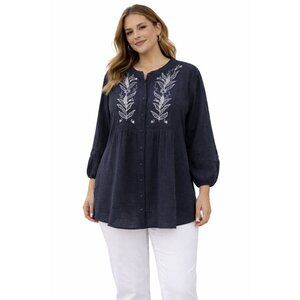 Johnny Was Calme Embroidered Gauze 100% Organic Cotton Blouse Black Size L